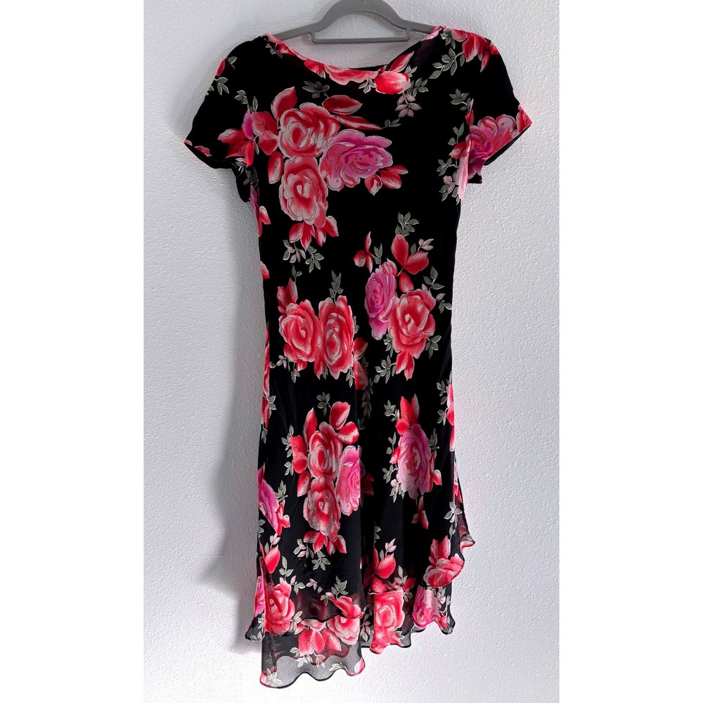 Vintage Donna Ricco‎ Dress Women 10 Midi Sheer Dark Floral 90sFairy Asymmetrical